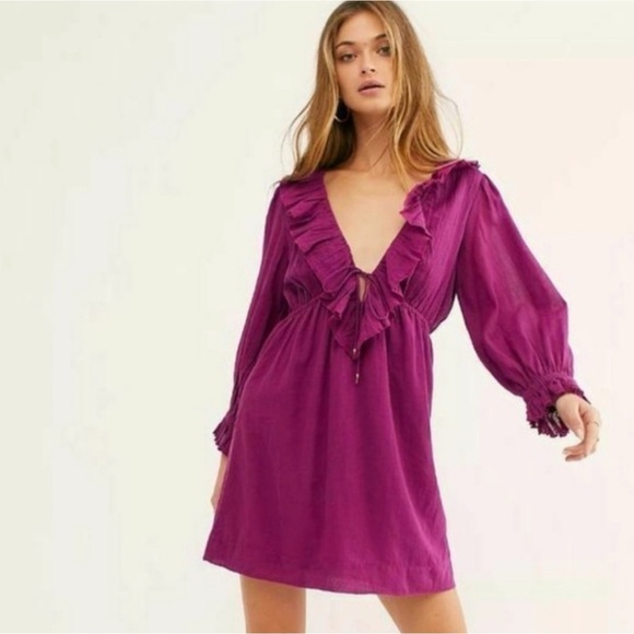 Free People Morning Light Mini Dress Purple Ruffled Tie V Neck Boho Size S - Picture 1 of 11